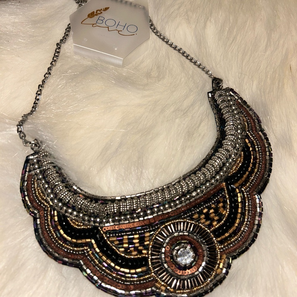 Silver and Black Beaded Collar Necklace